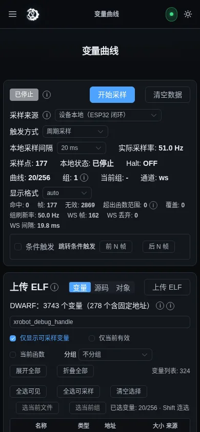 手机窄屏下的变量曲线页面，顶部折叠菜单，状态区换行，图表控件被收纳
